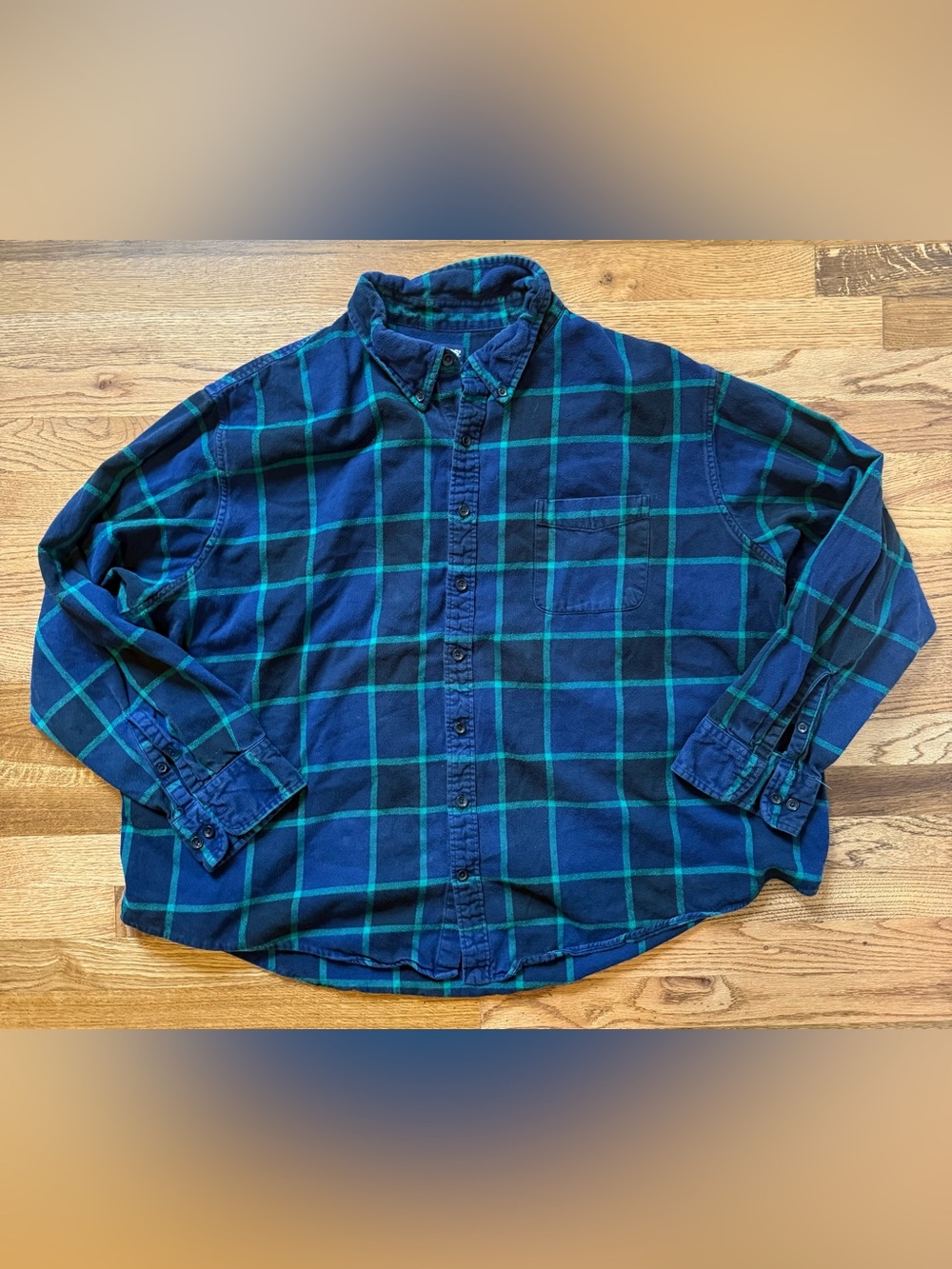 Lands' End Men’s Navy and Green Plaid Flannel Shirt, Rugged Work Shirt